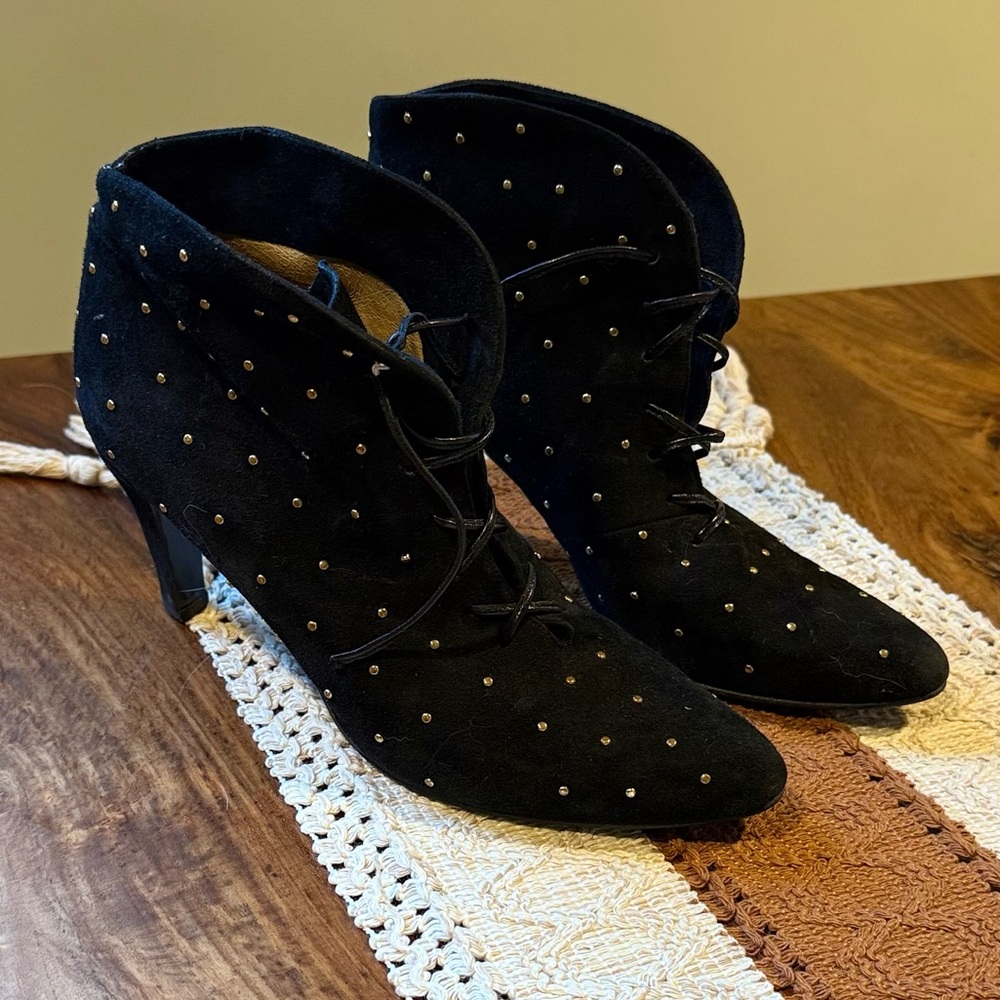 Vintage Suede Studded Black Ankle Boots